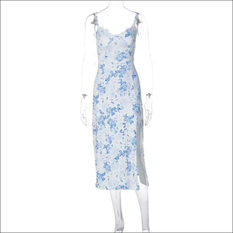 Blue White Floral Nattlinne med axelband Slits & Spetskant – Satinlook Klänningar