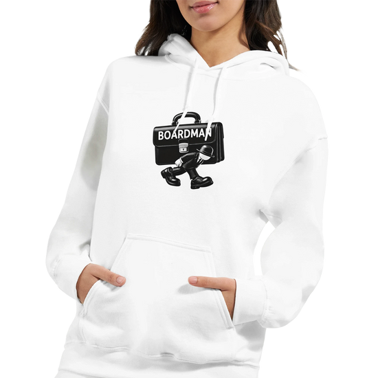 Boardman hoodie in white featuring a graphic of a briefcase, ideal for professional gifts and meetings.