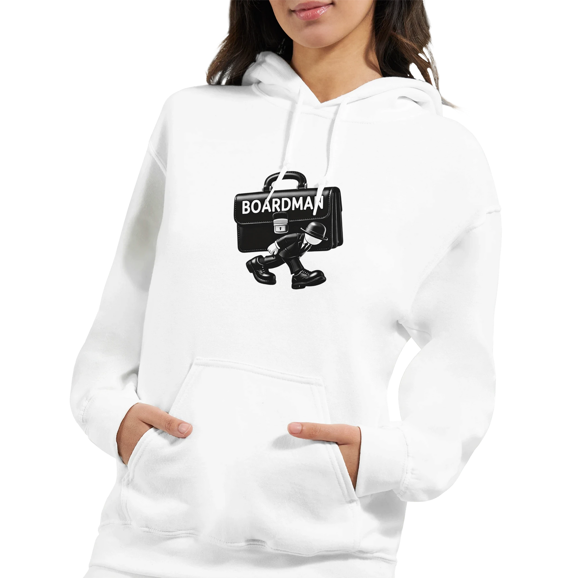 Boardman hoodie in white featuring a graphic of a briefcase, ideal for professional gifts and meetings.