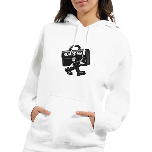 Boardman hoodie in white featuring a graphic of a briefcase, ideal for professional gifts and meetings.
