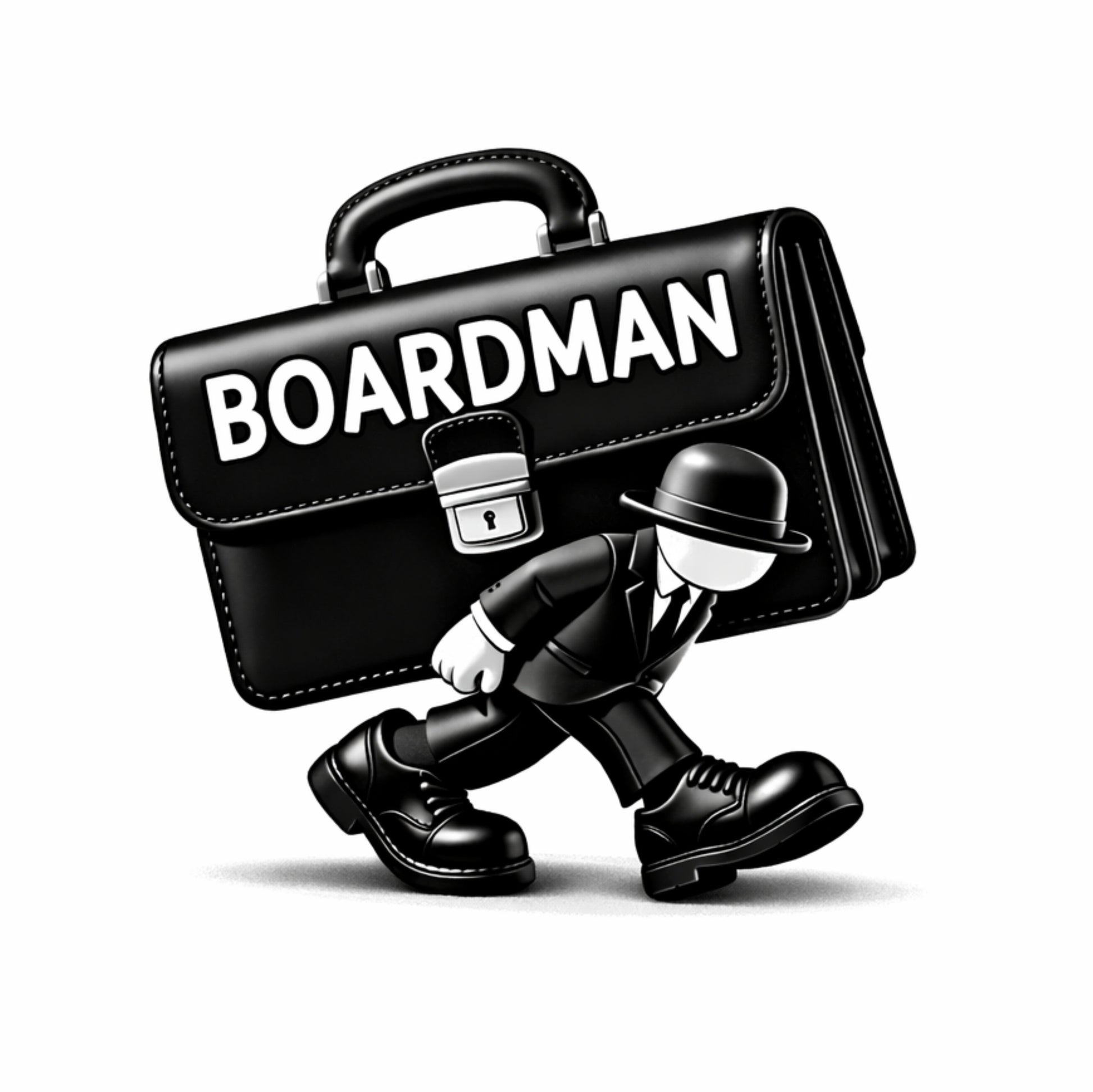 Illustration av en karaktär som bär en portfölj med texten BOARDMAN, symboliserar professionell stil.
