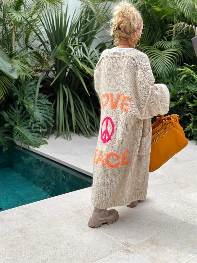 Boho kofta med Love Peace och Flower Power stil - Lång