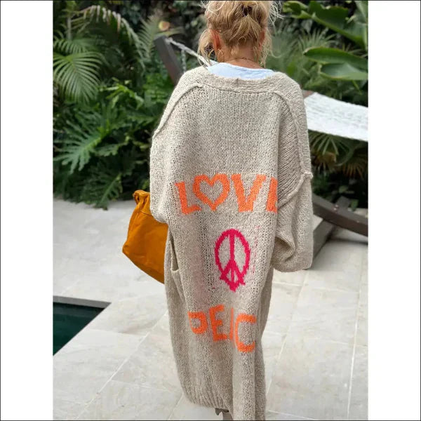 Boho kofta med Love Peace och Flower Power stil - S/M / Beige - Lång