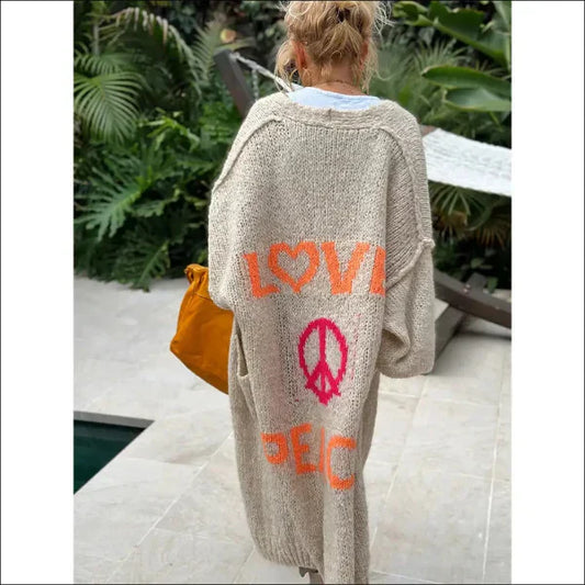 Boho kofta med Love Peace och Flower Power stil - S/M / Beige - Lång