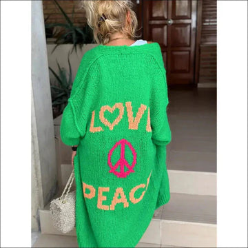 Boho kofta med Love Peace och Flower Power stil - S/M / Grön - Lång