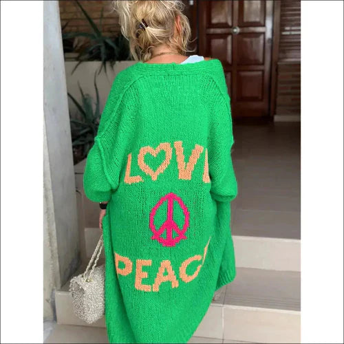 Boho kofta med Love Peace och Flower Power stil - S/M / Grön - Lång