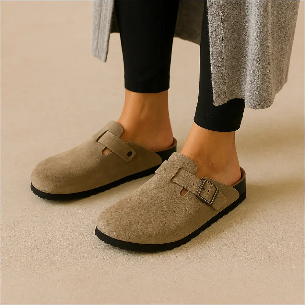Boston Suede Leather mjuk fotbädd rund tå Taupe Sandaler
