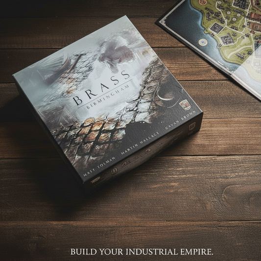 Brass Birmingham brädspelslåda med en spelbricka för strategisk ekonomisimulering.