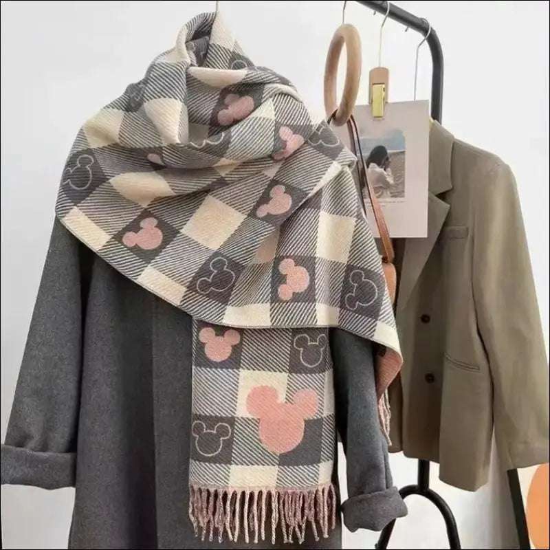 Breda sjalar i kashmirtyp med hjärtmönster dubbelsidiga för damer - Mickey Plaid [Puder Grå]] / 70*190 - Sjal