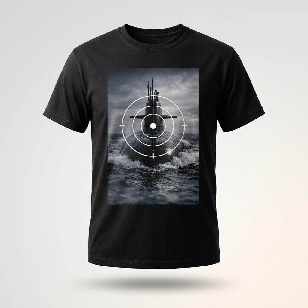 Ubåt T-shirt med ubåtsgrafik på svart bakgrund, modern maritim design och nautisk stil.