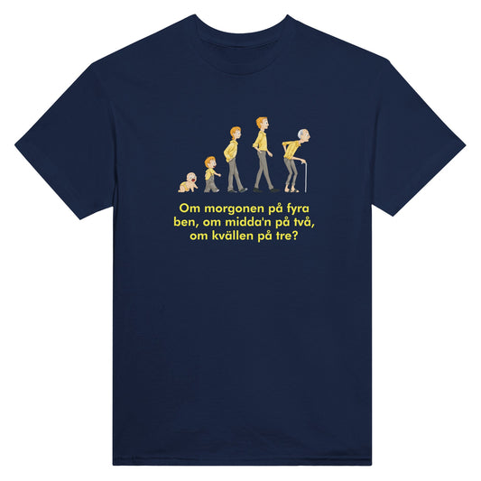 Marinblå evolution t-shirt med grafik av livets tre skeden och slogan.