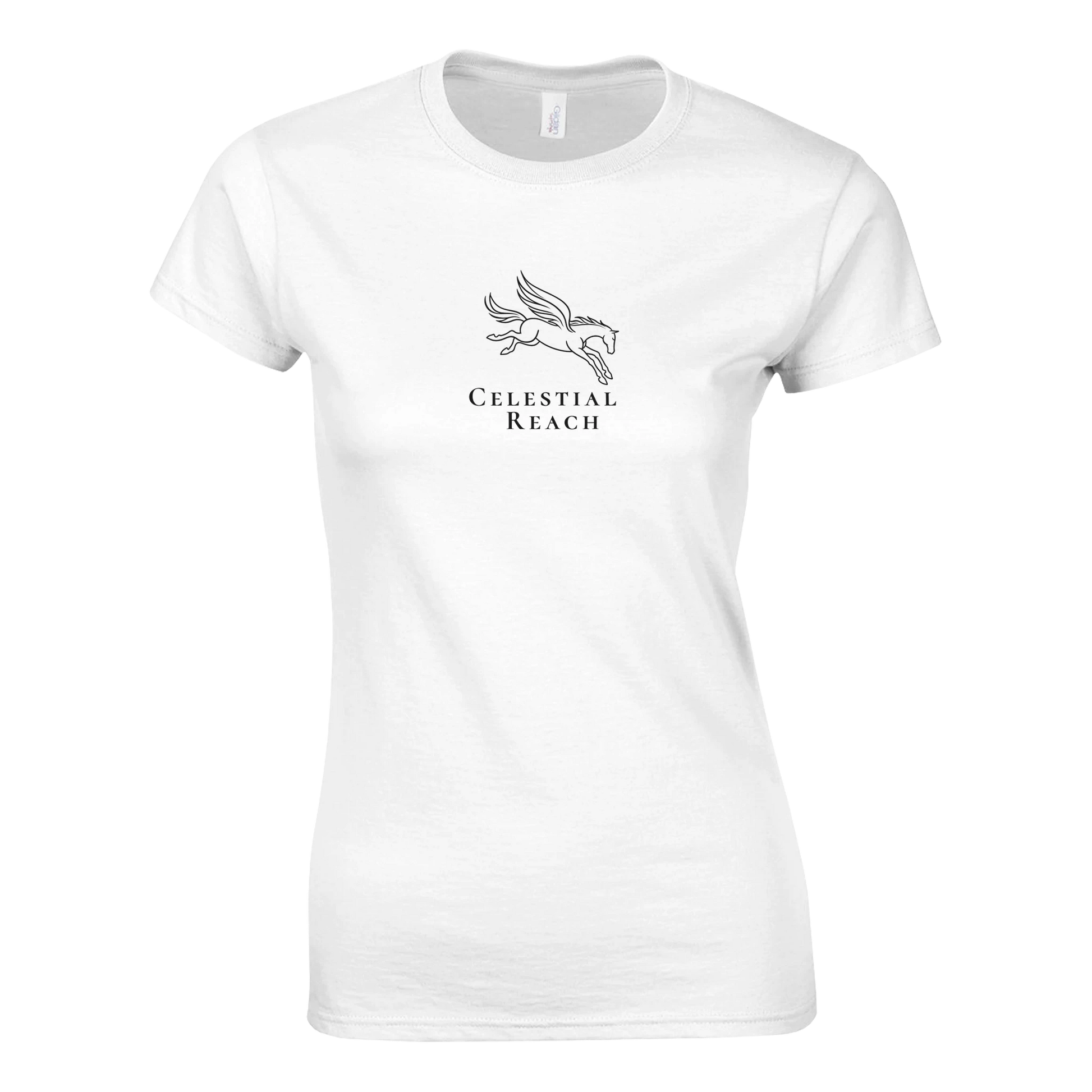 Mythology Pegasus häst linje konst på vit T-shirt från Celestial Reach med grafisk illustration.