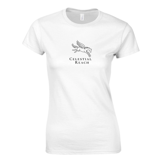 Mythology Pegasus häst linje konst på vit T-shirt från Celestial Reach med grafisk illustration.