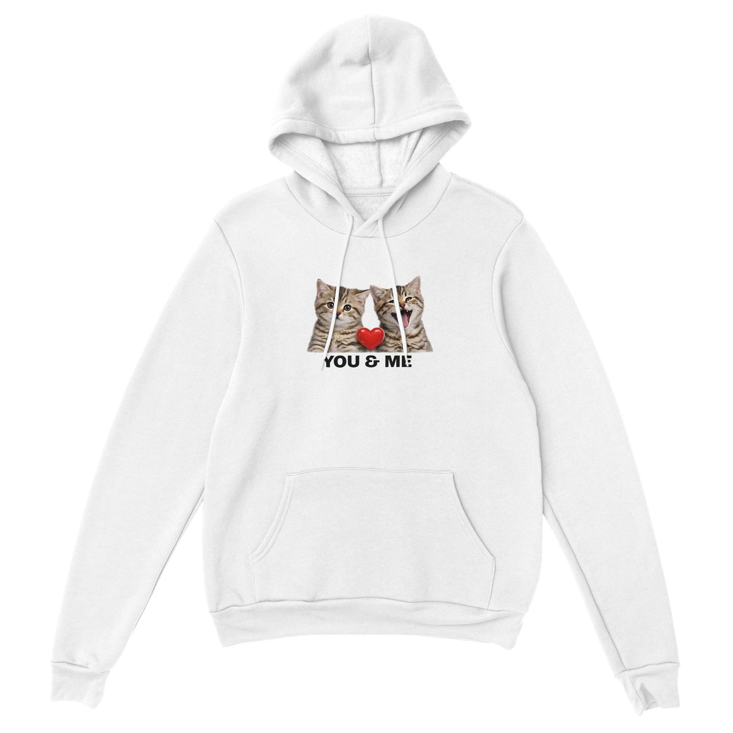 Mjuk Hoodie med Katter och Du Jag Text med kattansikten och texten You & Me på en vit bakgrund.