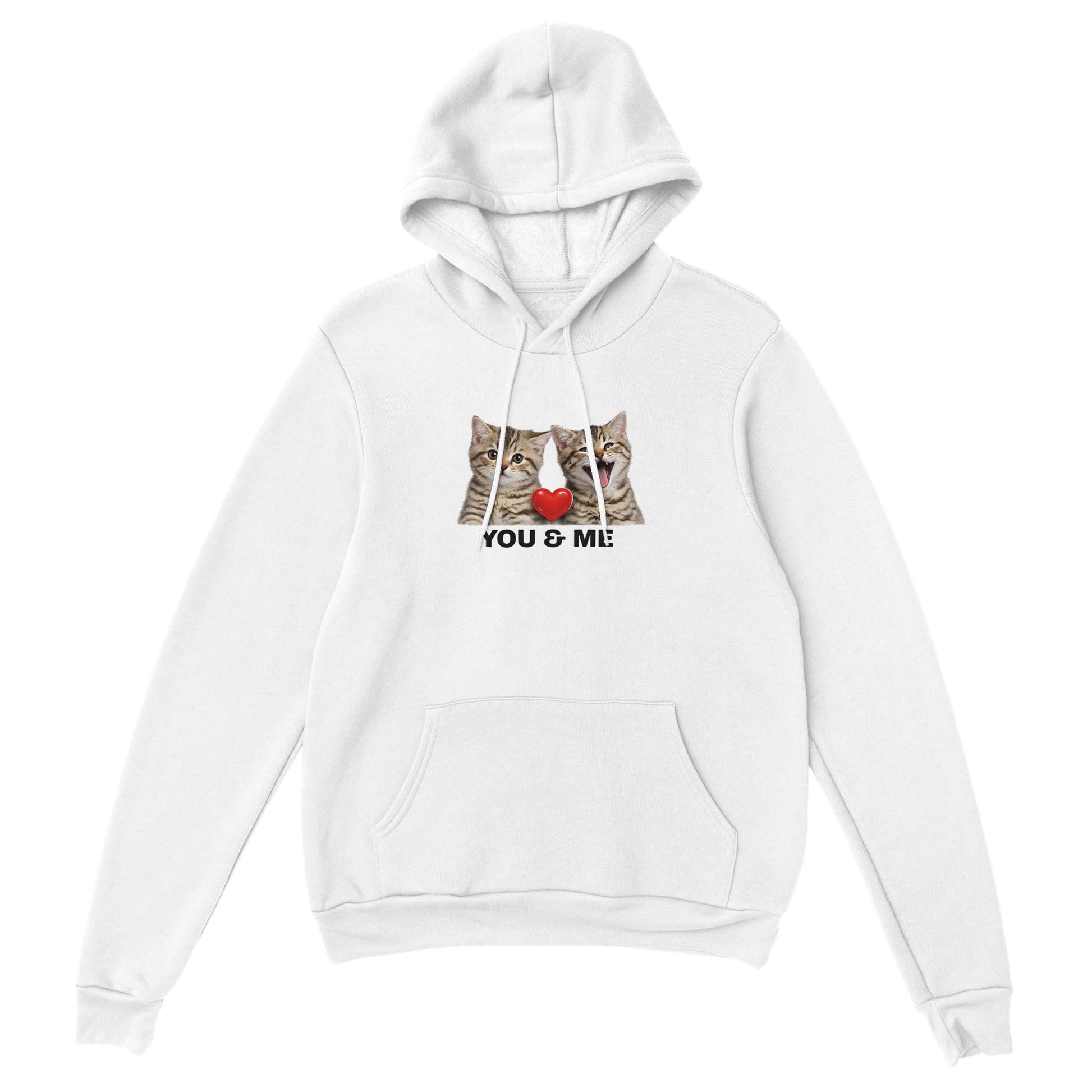 Mjuk Hoodie med Katter och Du Jag Text med kattansikten och texten You & Me på en vit bakgrund.