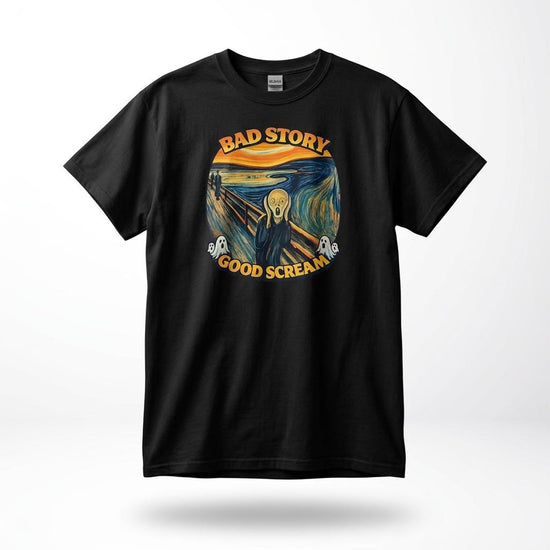 Bad Story Good Scream T‑Shirt med expressionistiskt motiv och Scream Graphic Art Tee design.