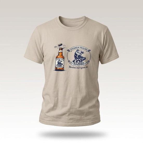Nordic Folk Art Hambo Folköl humor tee med svensk design och illustration i beige färg.