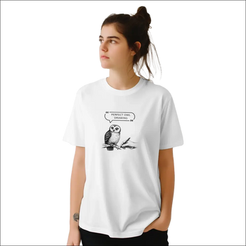 Owl T‑shirt – Perfect Drawing i Vit Kolpennestil - S - Print Material