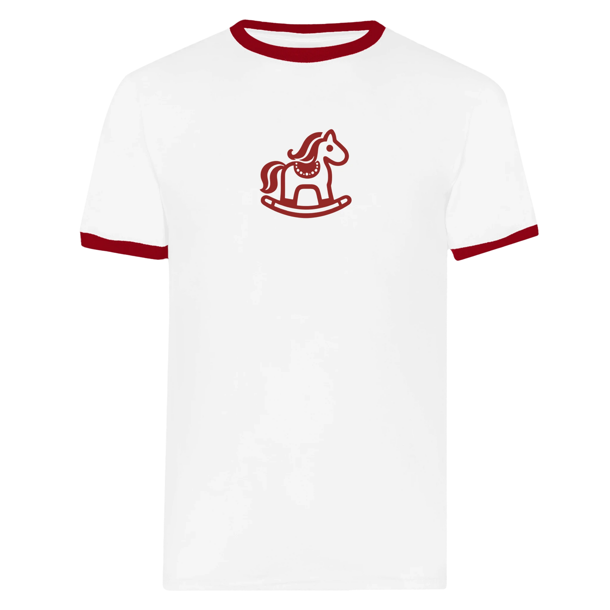 Röd Gunghäst Ringer T-Shirt - Vintage Rocking Horse Graphic Tee med röd detaljer och minimalistisk design.