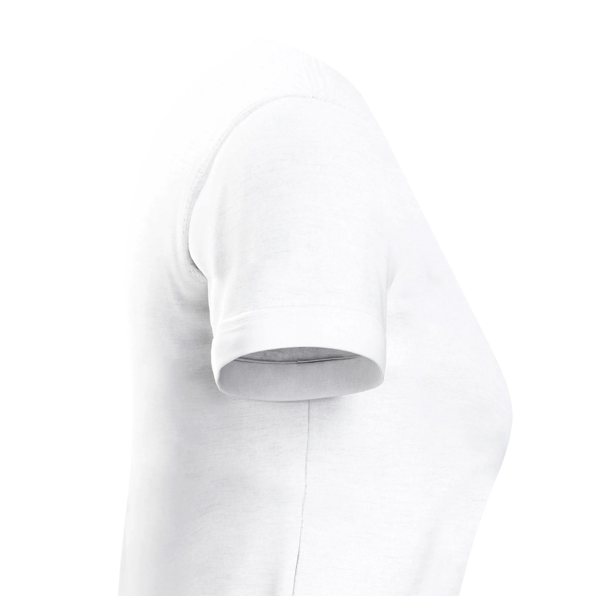 Fitness Tee i vitt sett från sidan, perfekt för träning och att visa styrka och glädje.