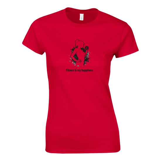 Styrkan är Lyckan – Dam Fitness Tee med motiv och text 'Fitness is my happiness' på röd t-shirt.