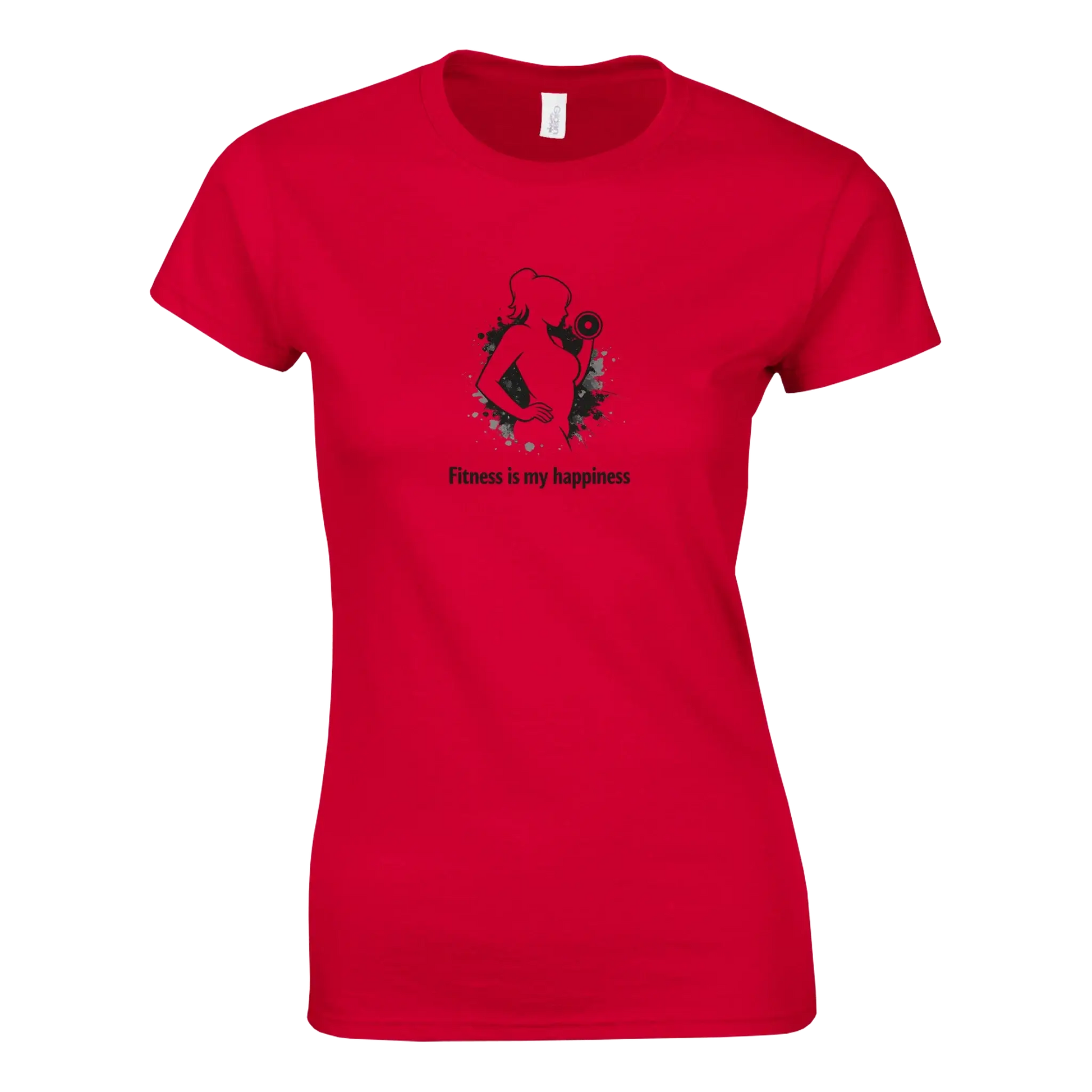 Styrkan är Lyckan – Dam Fitness Tee med motiv och text 'Fitness is my happiness' på röd t-shirt.