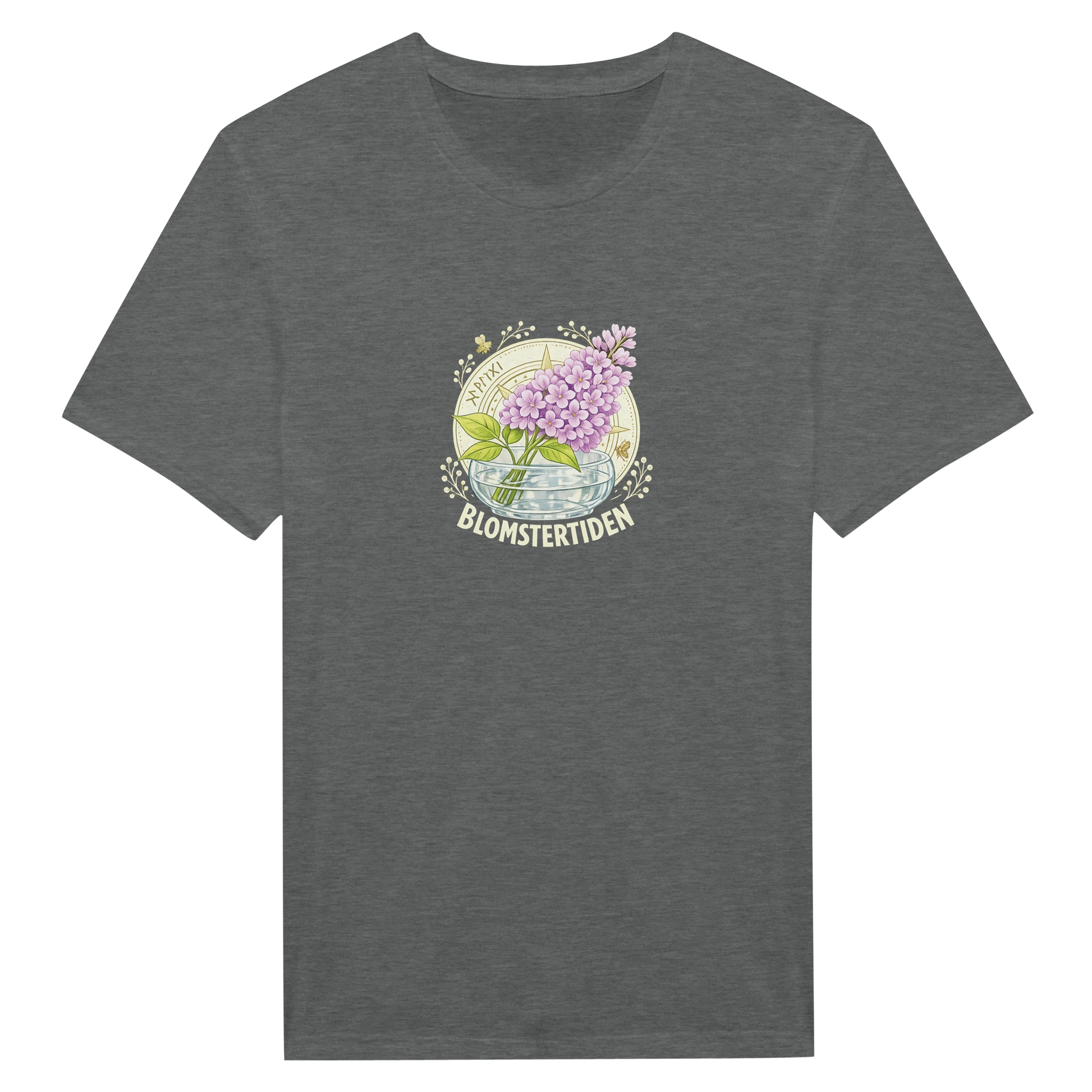 Floral T-Shirt med Syrenmotiv från Blomstertiden med ornamentell design i syrenlila och gult.