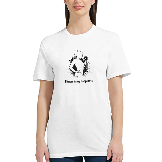 Dam fitness t-shirt med budskapet "Fitness is my happiness" som uttrycker Styrkan i träning och glädje.