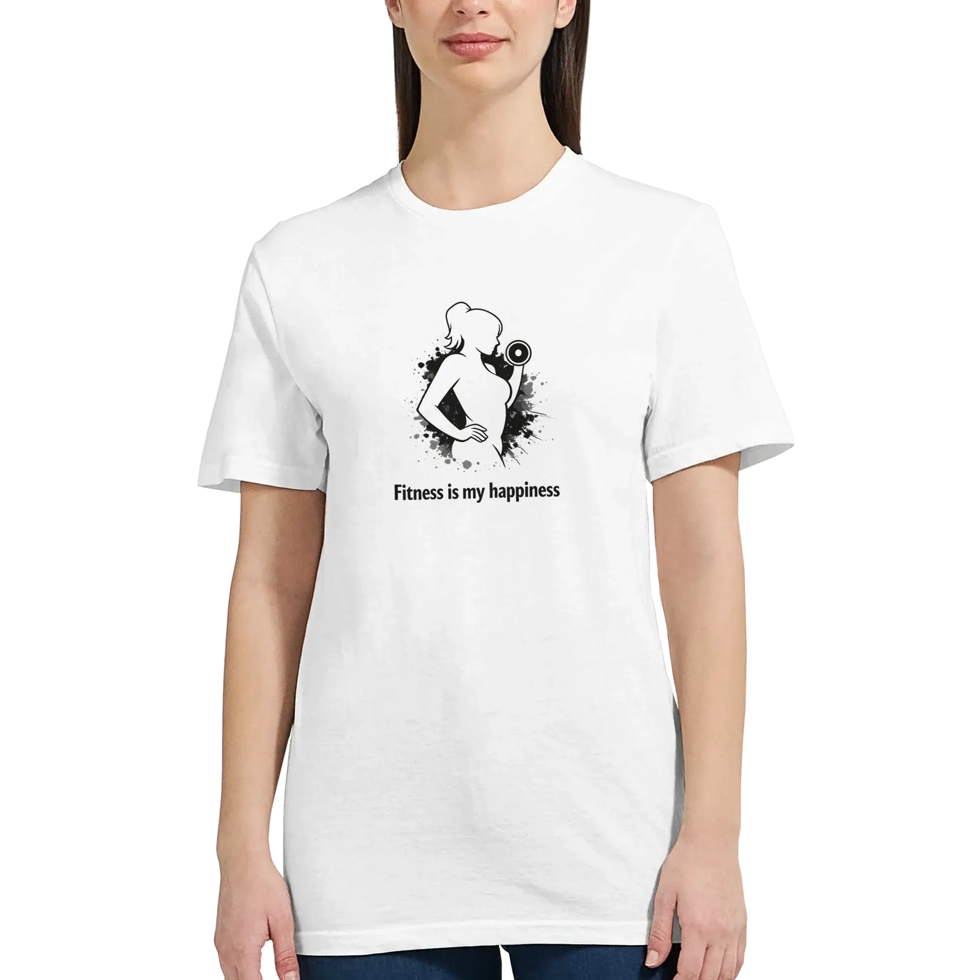 Dam fitness t-shirt med budskapet "Fitness is my happiness" som uttrycker Styrkan i träning och glädje.