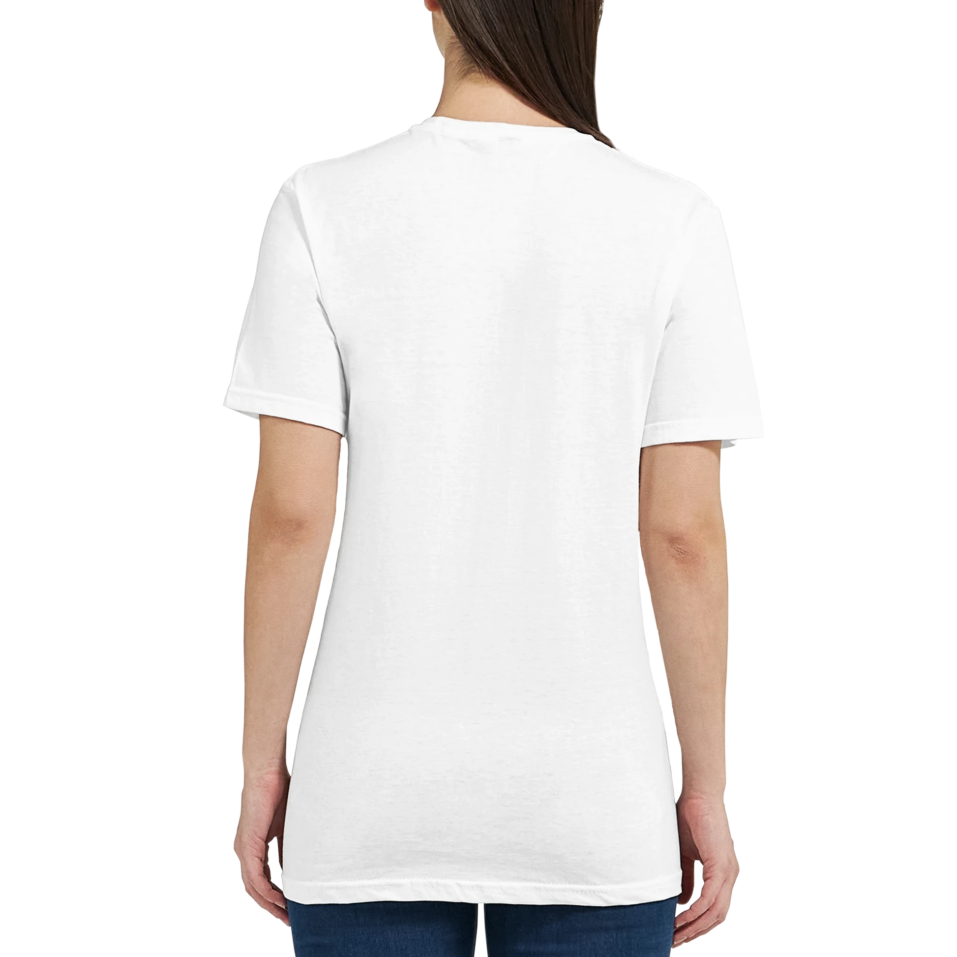 Bakvy av vit T-shirt med Mythology Pegasus design, perfekt för stilfulla och mytologiska teman.
