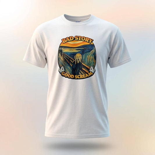Bad Story Good Scream T‑Shirt featuring Scream Graphic Art Tee design on a white t-shirt with expressionist style.