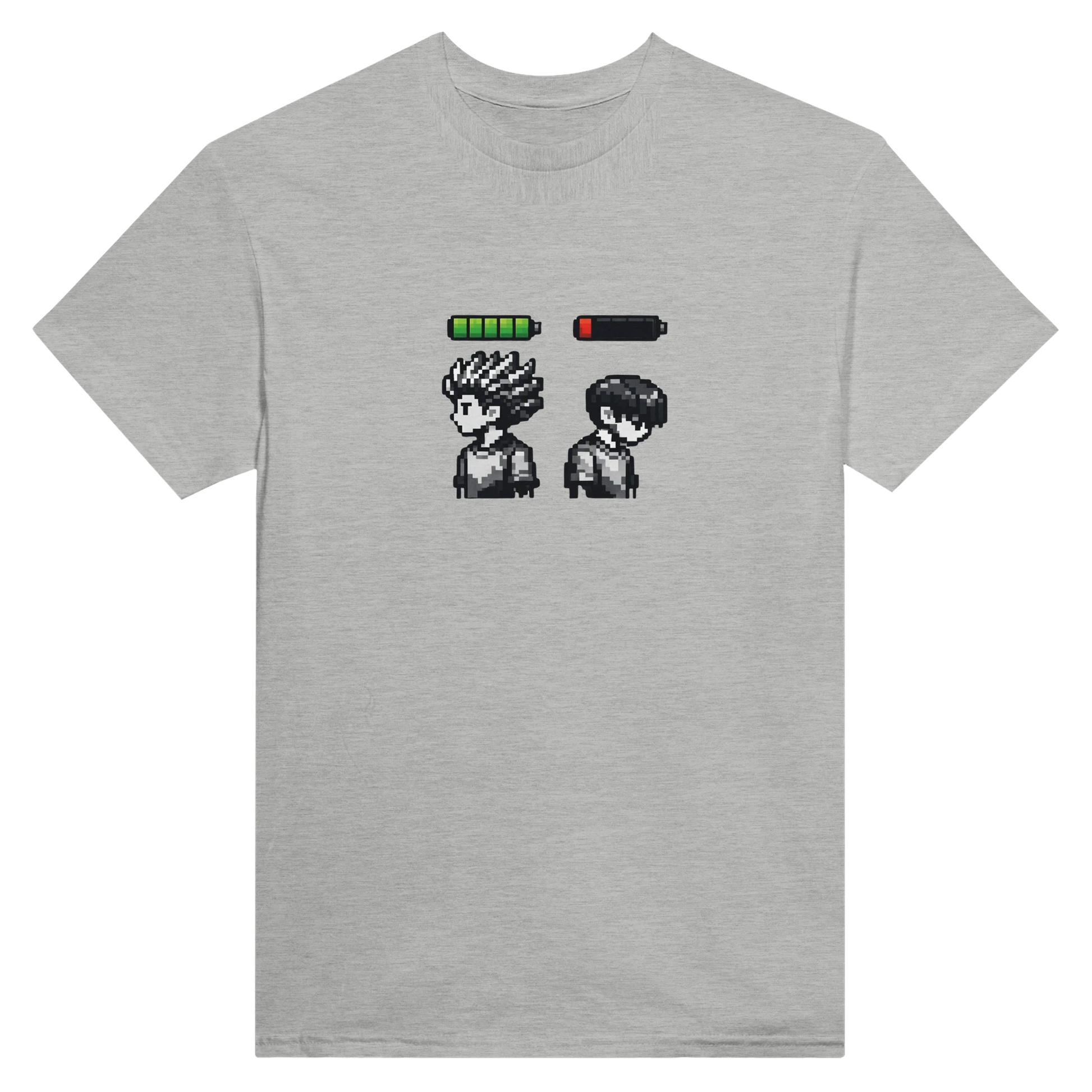 Energi Nivå Tee med grafisk motiv av två karaktärer och batterinivåer, grå t-shirt med pixelkonst.
