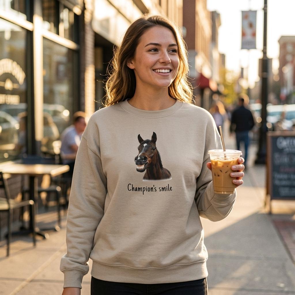 Champion’s Smile – Funny Horse Crewneck Sweatshirt worn by a woman enjoying iced coffee on a sunny street.