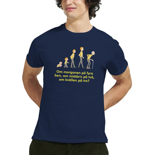 Marinblå evolution t-shirt med grafik om livets tre skeden och gammal gubbe.
