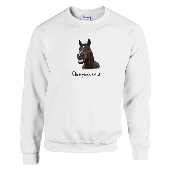 Champion’s Smile – Funny Horse Crewneck Sweatshirt featuring a smiling horse design.