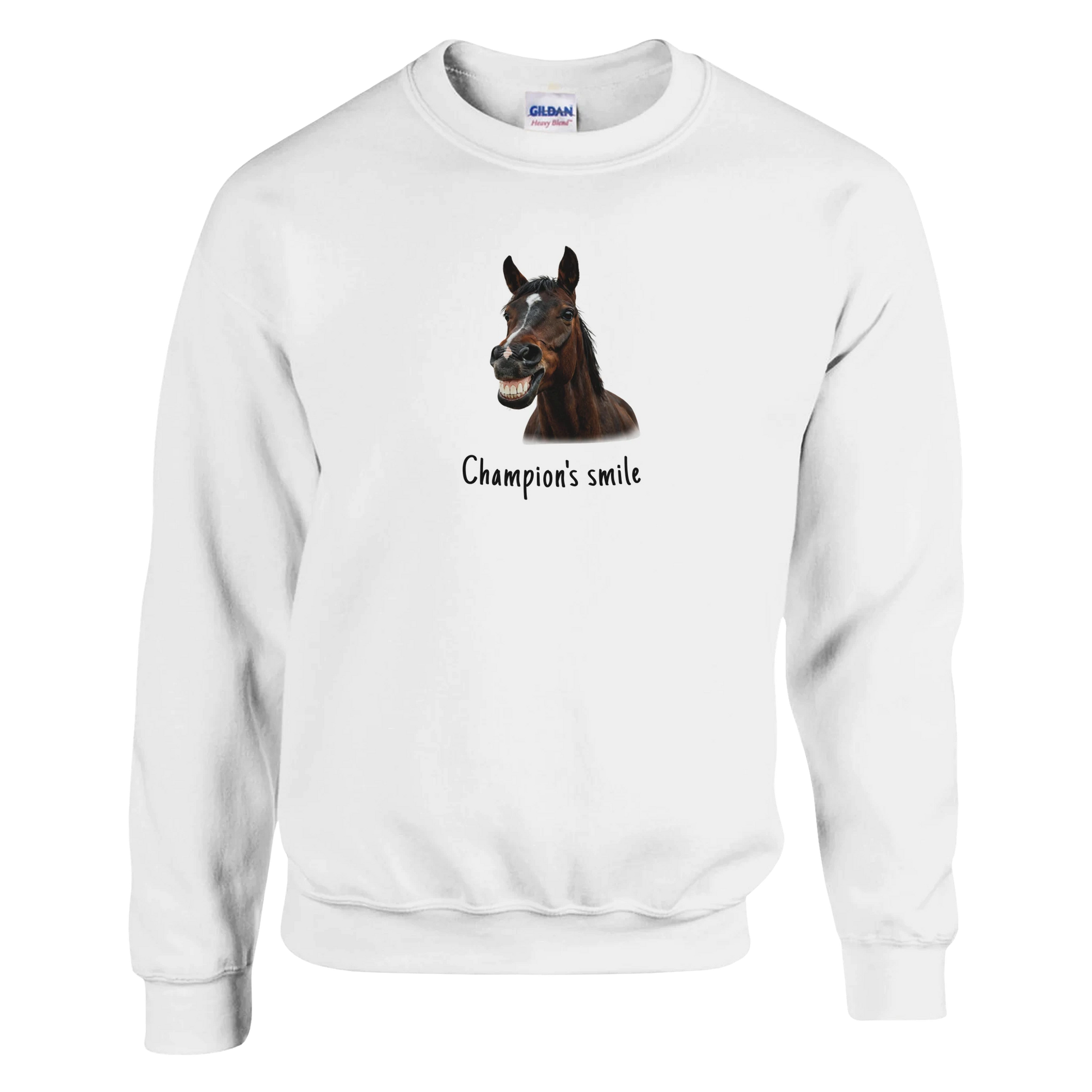 Champion’s Smile – Funny Horse Crewneck Sweatshirt featuring a smiling horse design.