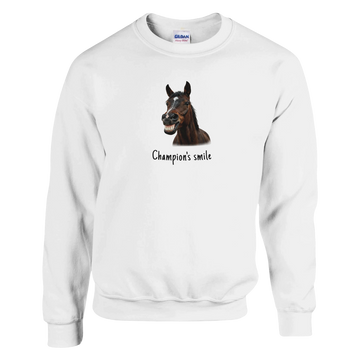 Champion’s Smile – Funny Horse Crewneck Sweatshirt featuring a smiling horse design.