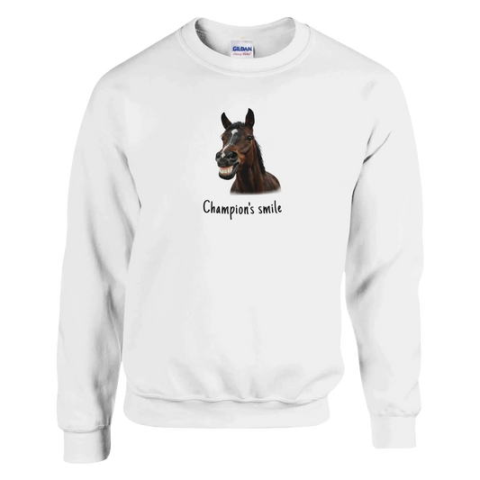 Champion’s Smile – Funny Horse Crewneck Sweatshirt featuring a smiling horse design.