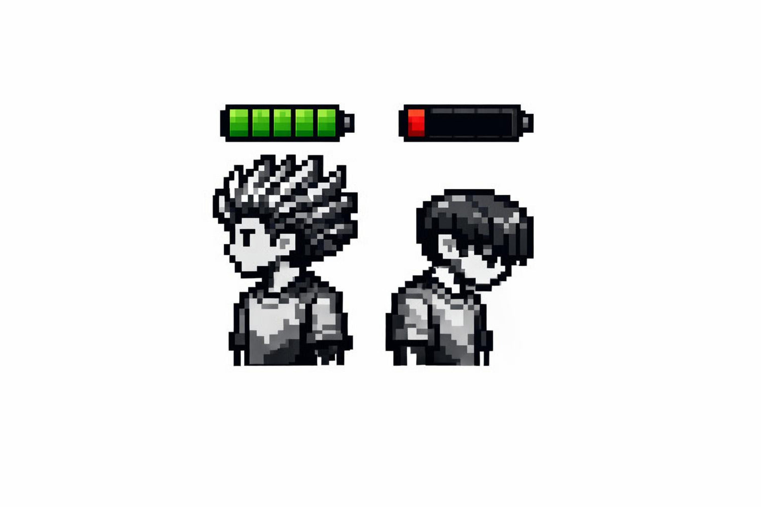 Energi Nivå Tee - Pixel Battery grafik som visar energinivåer med avatarer och batteriindikatorer.