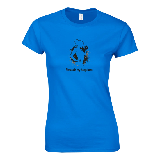 Styrkan är Lyckan – Dam Fitness Tee med texten 'Fitness is my happiness' på en blå t-shirt.