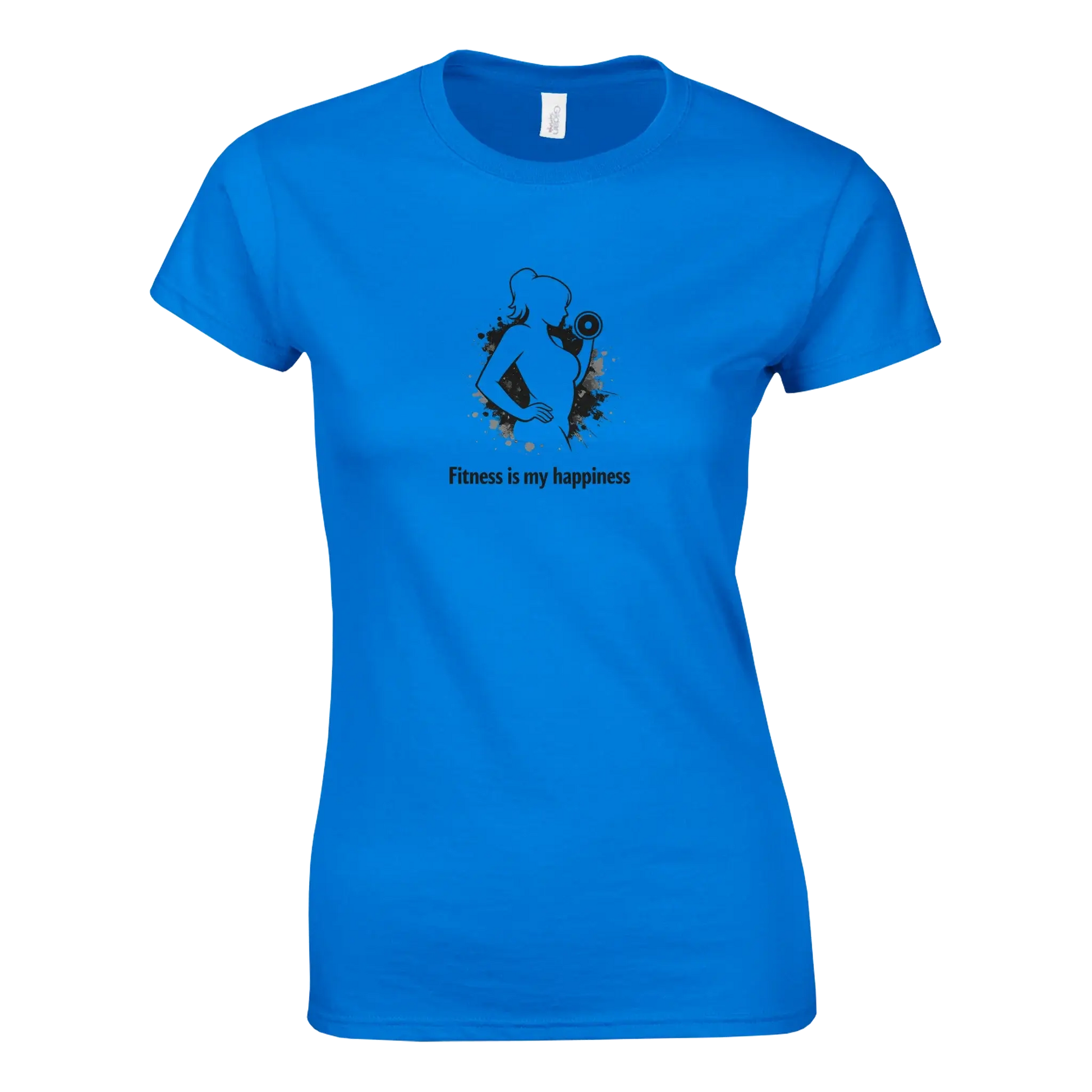 Styrkan är Lyckan – Dam Fitness Tee med texten 'Fitness is my happiness' på en blå t-shirt.