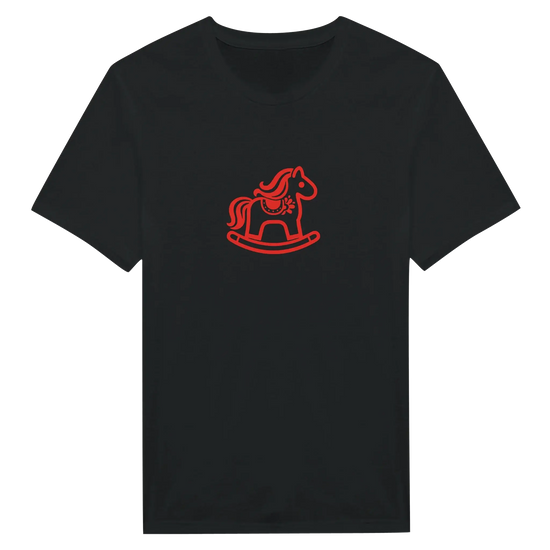 Dalarna Red Rocking Horse T‑Shirt featuring minimalist red rocking horse design on black fabric.