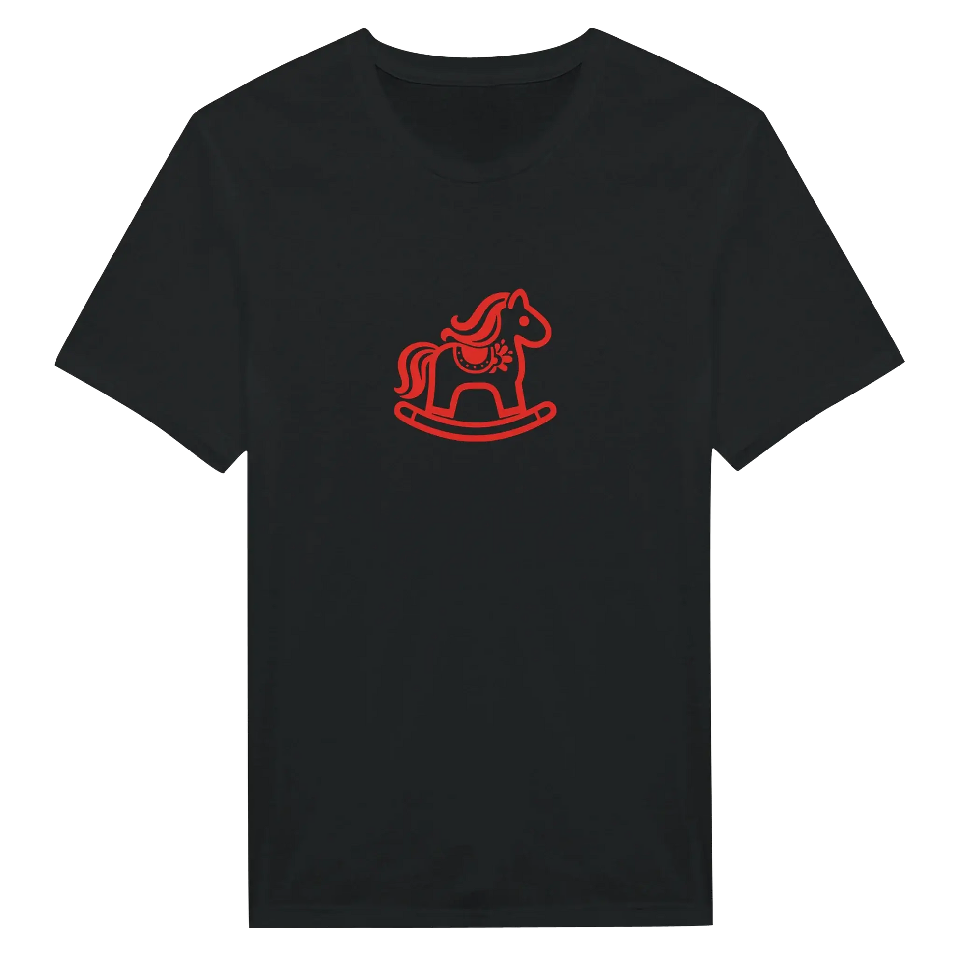 Dalarna Red Rocking Horse T‑Shirt featuring minimalist red rocking horse design on black fabric.