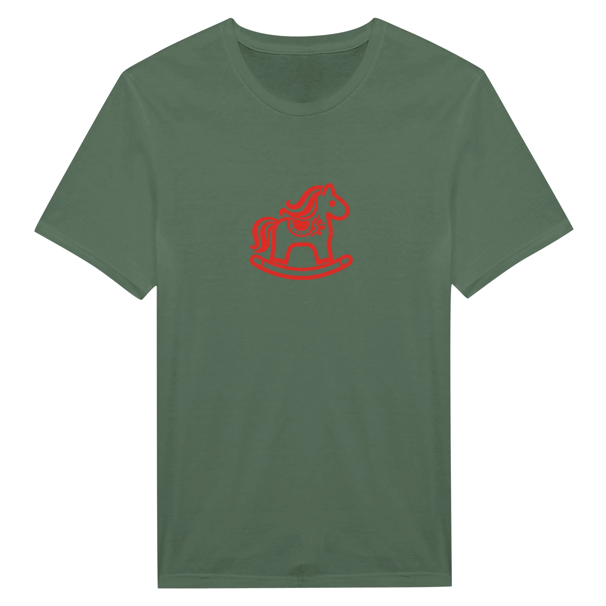 Dalarna röd gungande hästtryck på en grön t-shirt, minimalistisk Svensk designklassiker.