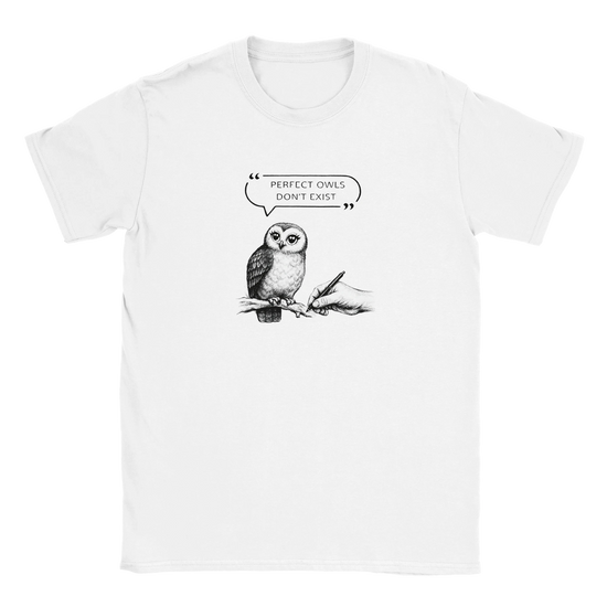 Owl t-shirt with a charming hand-drawn owl design and the quote 'Perfect owls don't exist' in black ink.