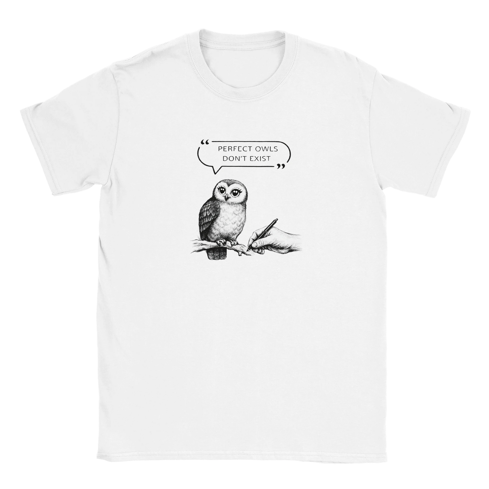 Owl t-shirt with a charming hand-drawn owl design and the quote 'Perfect owls don't exist' in black ink.