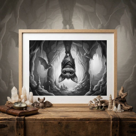 Cute Cave Bat Black & White Art Print