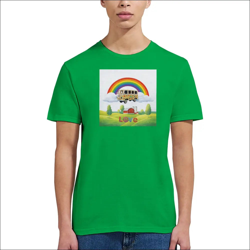 Flower Power T-shirt med husbil under regnbåge - Print Material