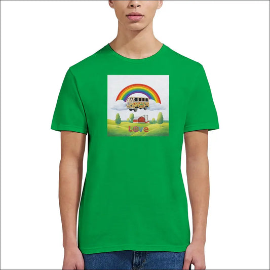 Flower Power T-shirt med husbil under regnbåge - Print Material