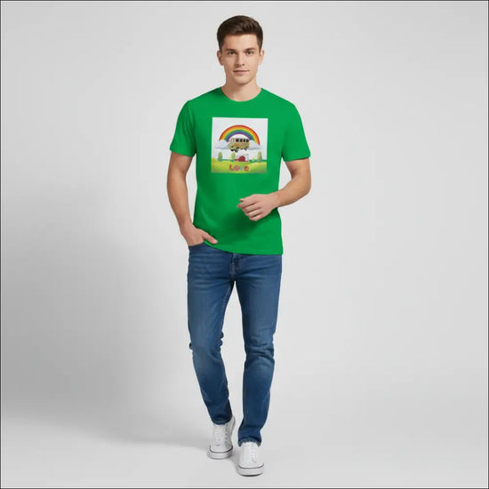 Flower Power T-shirt med husbil under regnbåge - Print Material